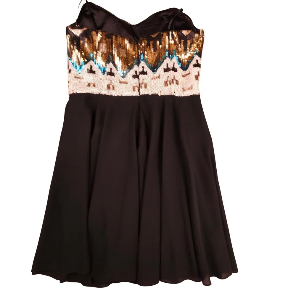 GB Sequin Bodice Strapless Dress Womens Large Black Gold Geometric Mini Cocktail
